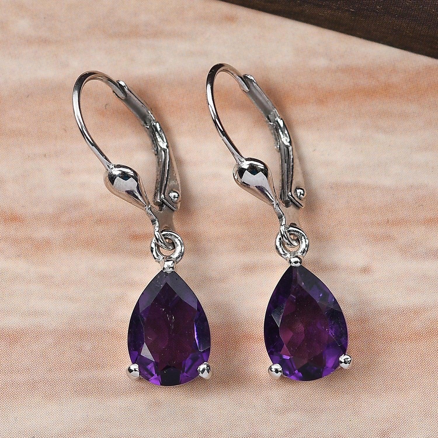 Amethyst dangle earrings , February birthstone , 925 Sterling Silver , Amethyst Lever back Earring, Teardrop Earrings by Inspiring Jewellery - Inspiring Jewellery