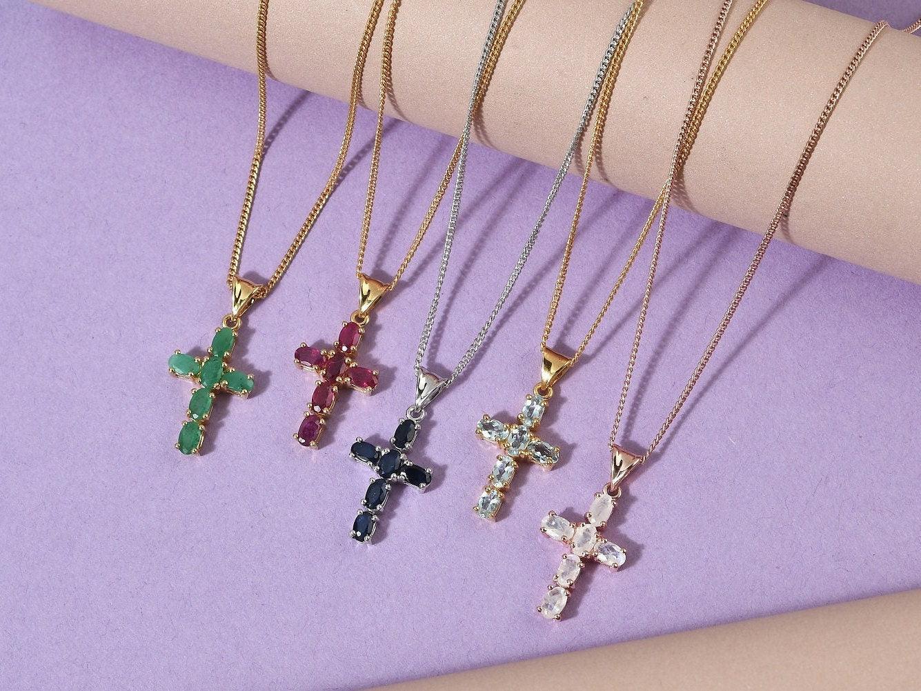 Cross Pendant Necklace , 925 Sterling Silver , Precious Gemstone Cross Necklace , Gold Cross , Religious necklace for girls, Gift for her - Inspiring Jewellery