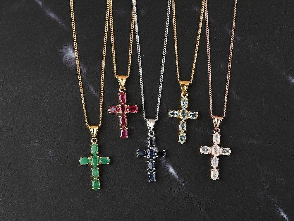 Cross Pendant Necklace , 925 Sterling Silver , Precious Gemstone Cross Necklace , Gold Cross , Religious necklace for girls, Gift for her - Inspiring Jewellery