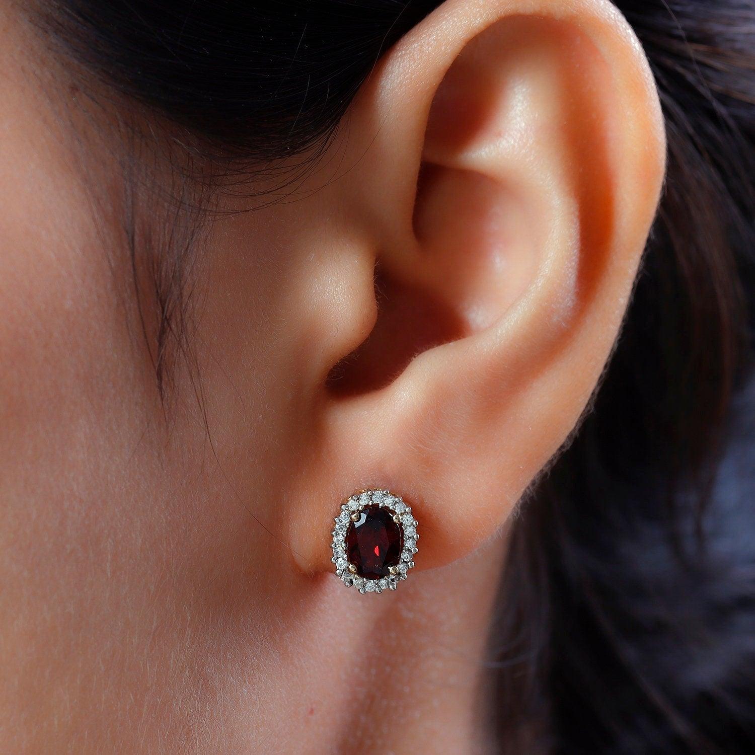 Halo Bridal Studs, Red Garnet Studs, January birthstone earrings, 925 Silver Stud , Halo Stud Earring, Oval Studs, Classic Halo Earrings - Inspiring Jewellery