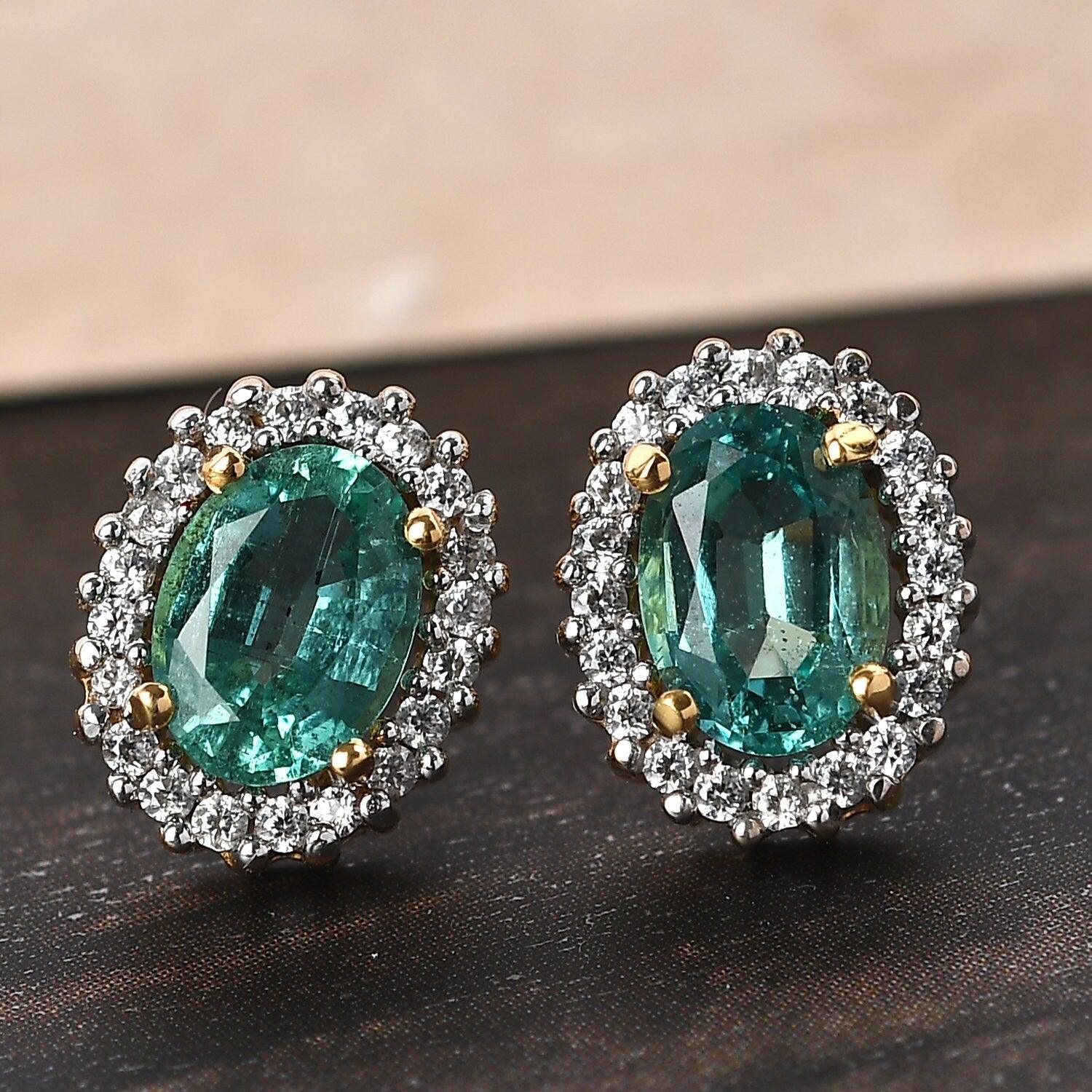 Emerald Studs, May birthstone earrings, 925 Silver Stud , Halo Stud Earring, Oval Studs, Classic Halo Earrings , Halo Bridal Studs - Inspiring Jewellery