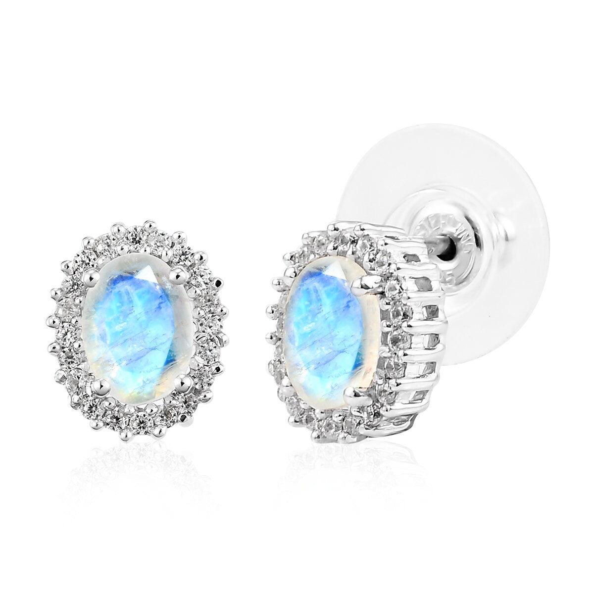 Rainbow Moonstone Studs, June birthstone earrings, 925 Silver Stud , Halo Stud Earring, Oval Studs, Halo Earrings , Halo Bridal Studs - Inspiring Jewellery