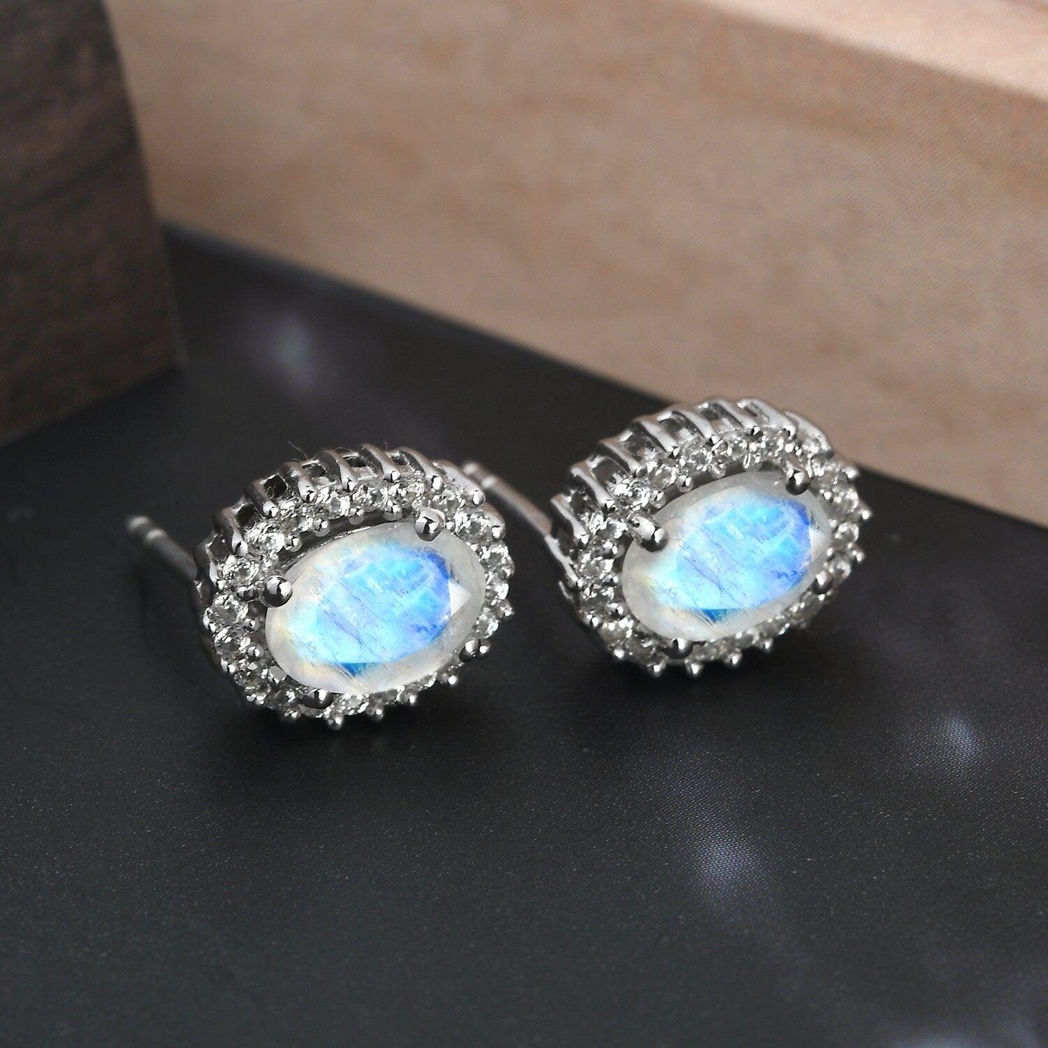 Rainbow Moonstone Studs, June birthstone earrings, 925 Silver Stud , Halo Stud Earring, Oval Studs, Halo Earrings , Halo Bridal Studs - Inspiring Jewellery