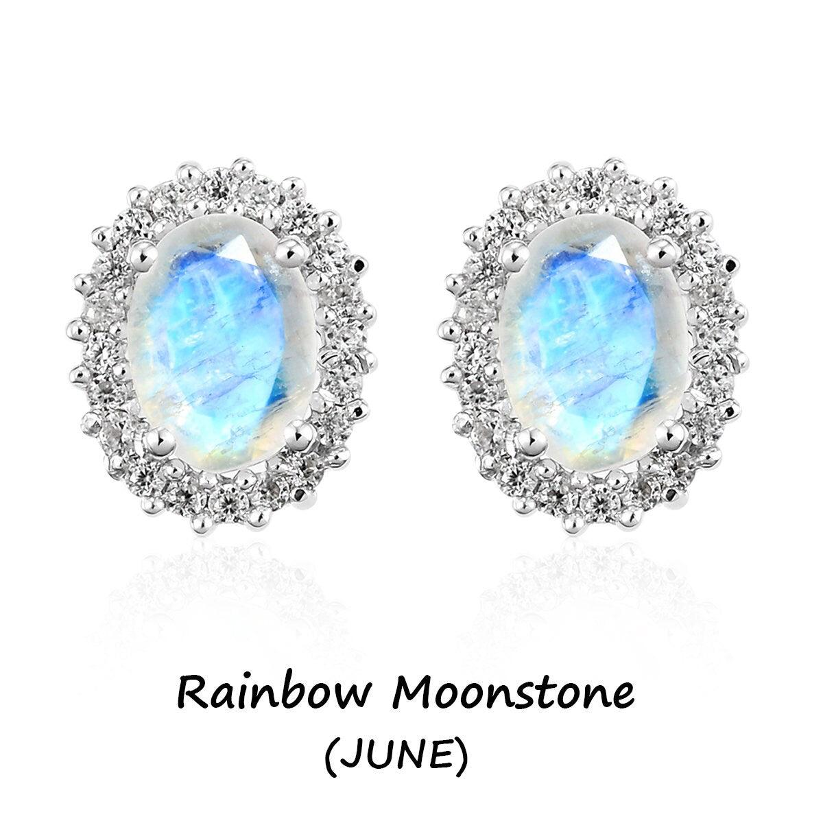 Rainbow Moonstone Studs, June birthstone earrings, 925 Silver Stud , Halo Stud Earring, Oval Studs, Halo Earrings , Halo Bridal Studs - Inspiring Jewellery