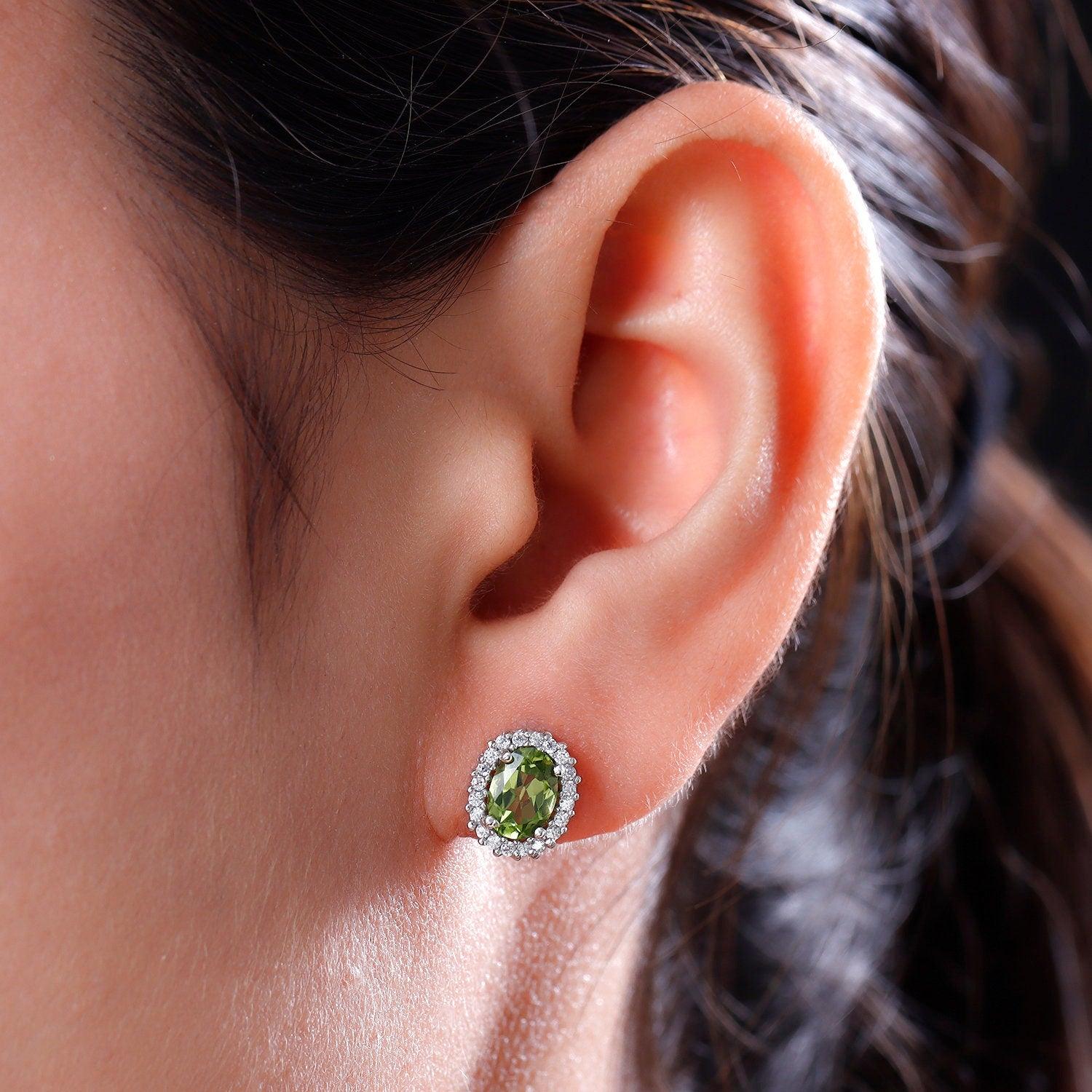 Peridot Studs, August birthstone earrings, 925 Silver Stud , Halo Stud Earring, Oval Studs, Halo Earrings , Halo Bridal Studs - Inspiring Jewellery