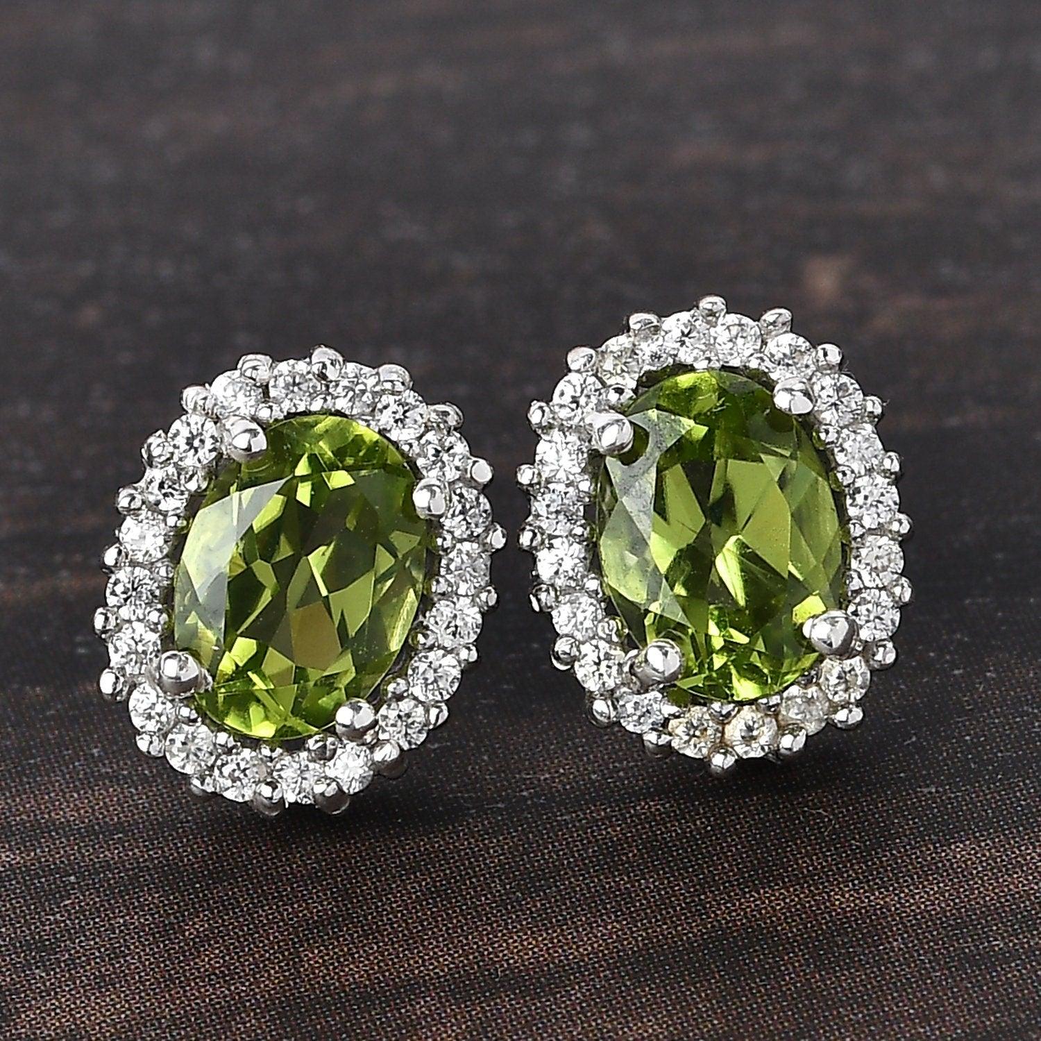 Peridot Studs, August birthstone earrings, 925 Silver Stud , Halo Stud Earring, Oval Studs, Halo Earrings , Halo Bridal Studs - Inspiring Jewellery