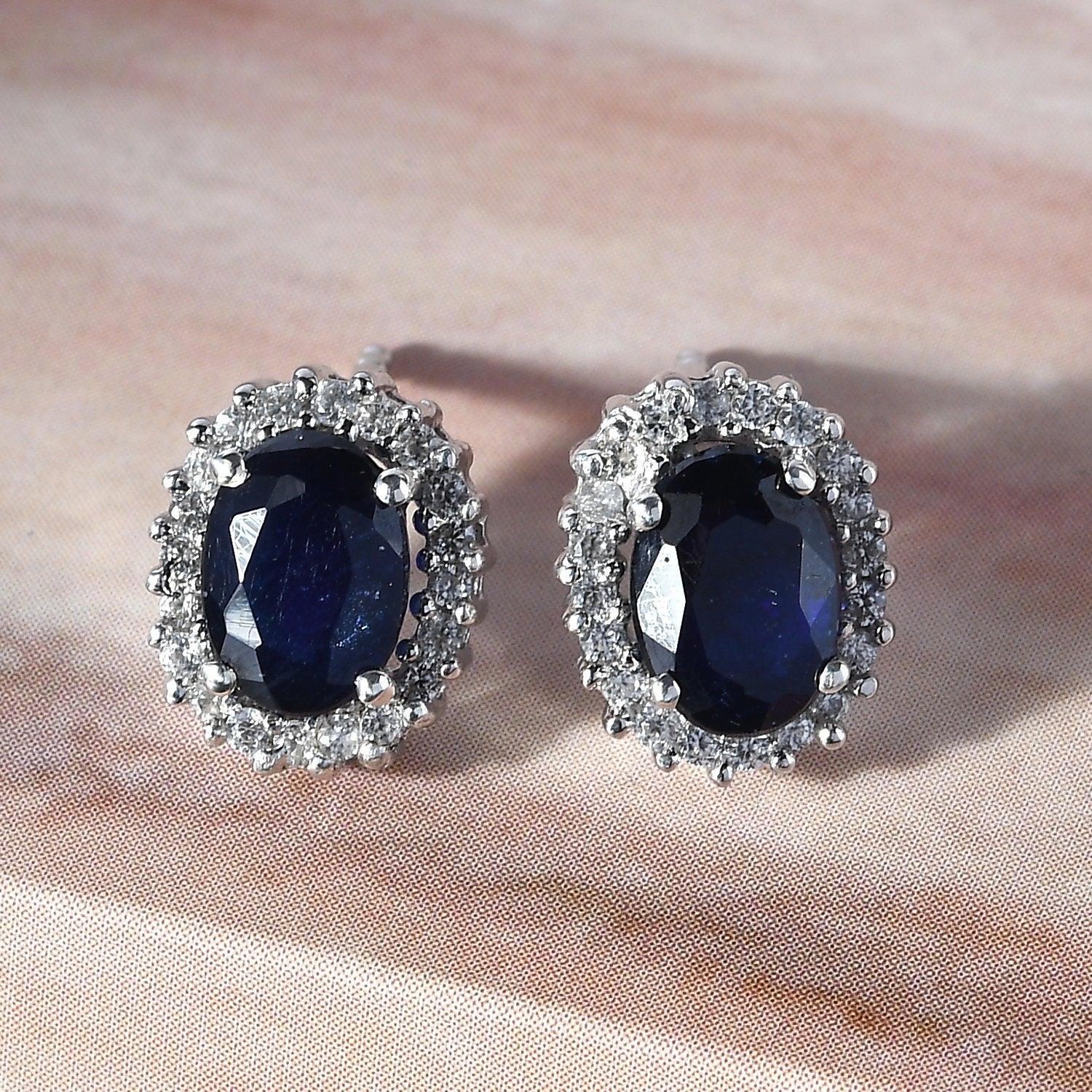 Blue Sapphire Studs, September birthstone earrings, 925 Silver Stud , Halo Stud Earring, Oval Studs, Halo Earrings , Halo Bridal Studs - Inspiring Jewellery