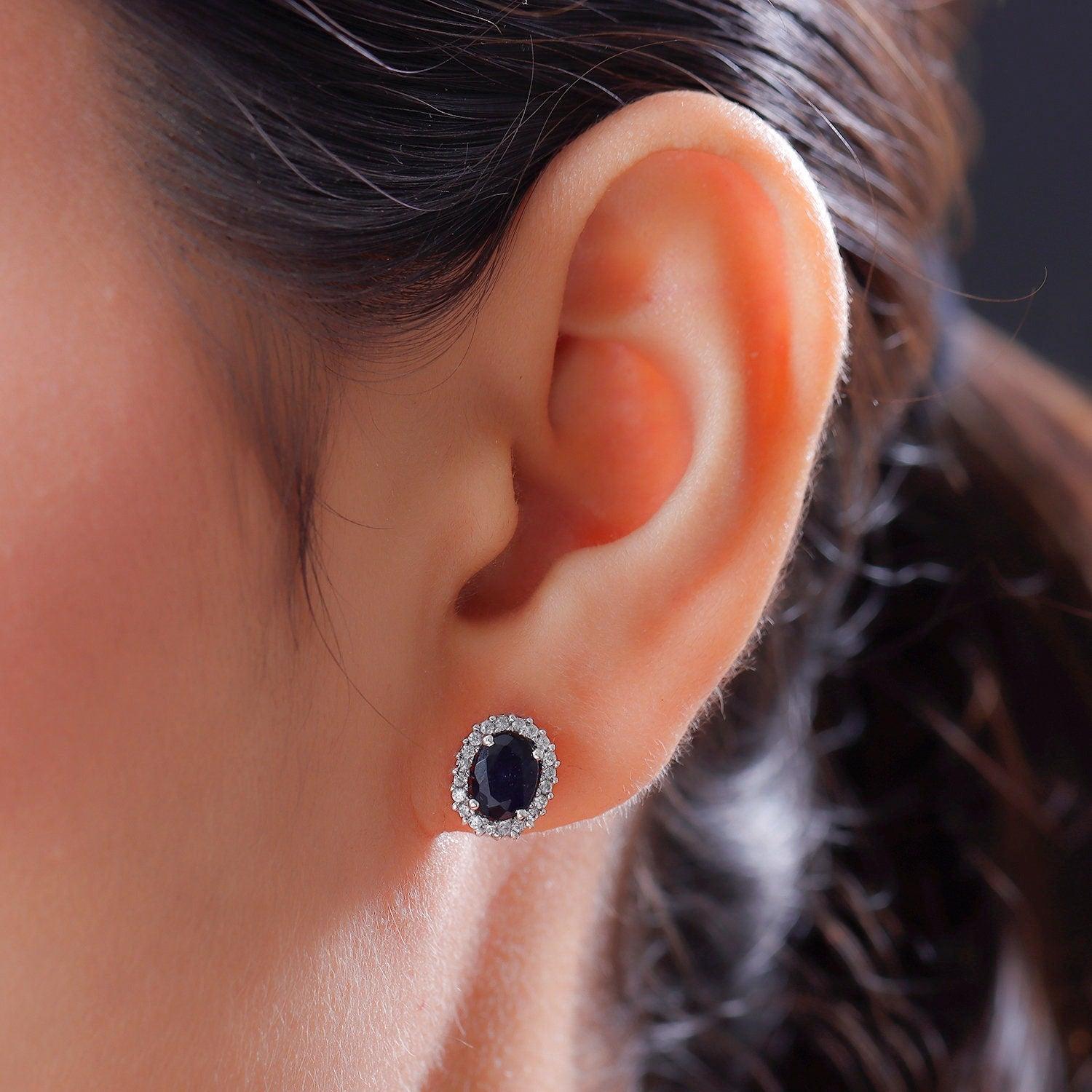 Blue Sapphire Studs, September birthstone earrings, 925 Silver Stud , Halo Stud Earring, Oval Studs, Halo Earrings , Halo Bridal Studs - Inspiring Jewellery