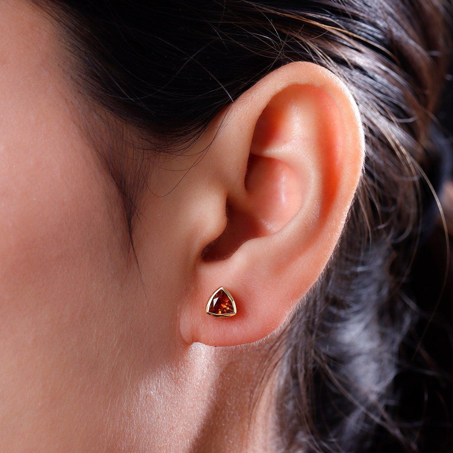 Madeira Citrine Studs, Trillion exotic Gemstone earrings , 925 Sterling Silver Stud , Yellow Gold , November Birthstone Inspiring Jewellery - Inspiring Jewellery