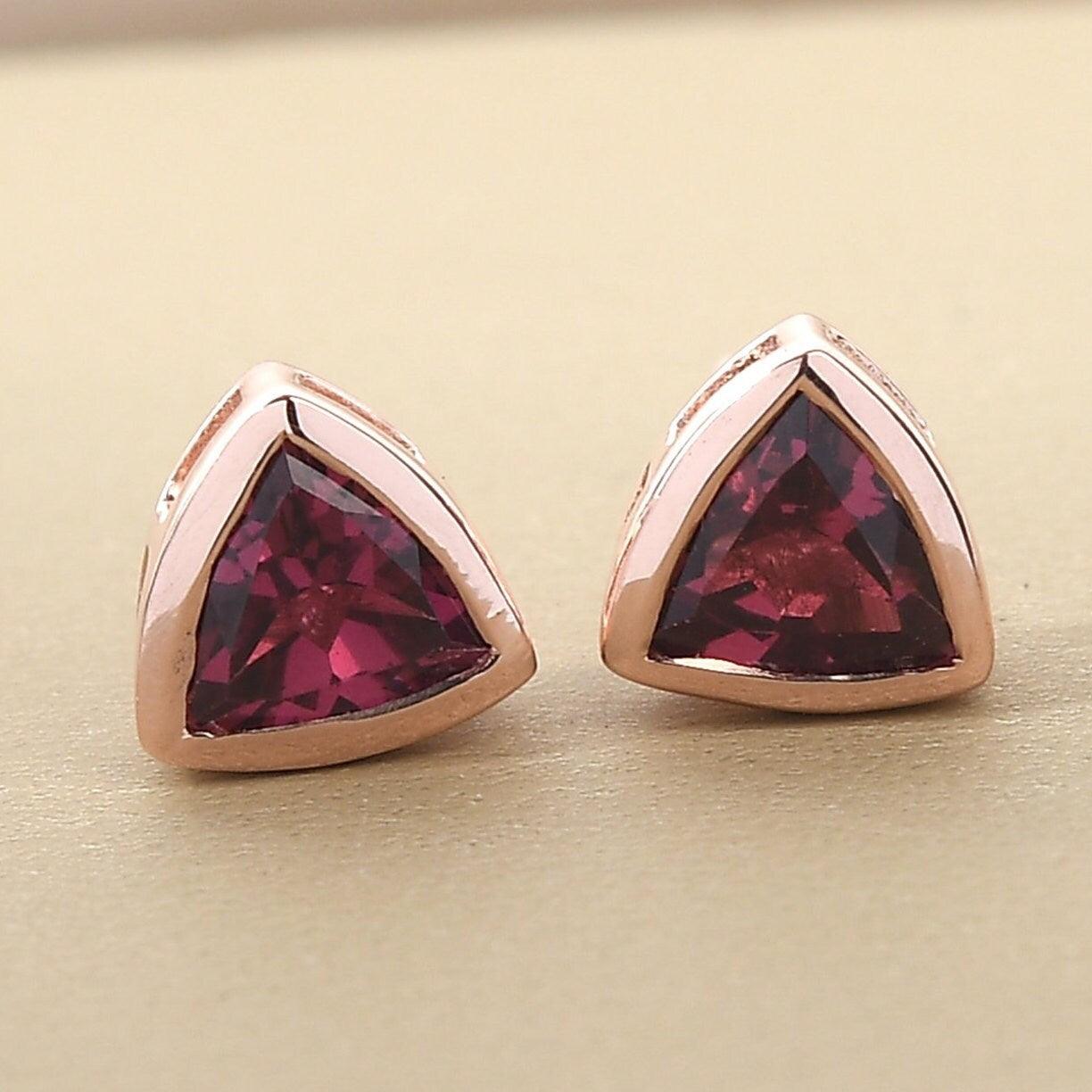 Rhodolite Garnet Studs, Trillion Gemstone earrings , 925 Sterling Silver Stud , Rose Gold , January Birthstone By Inspiring Jewellery - Inspiring Jewellery