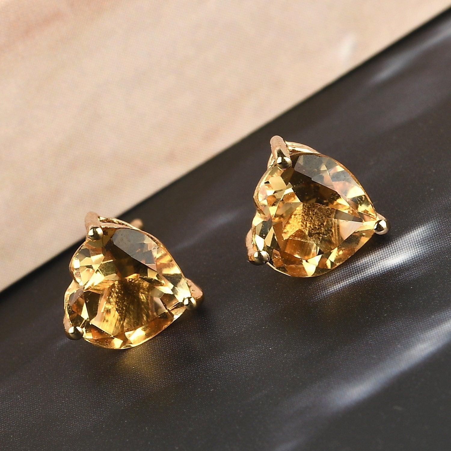Citrine Heart Gemstone earrings , 925 Sterling Silver Stud , Yellow Gold , Yellow Gemstone Heart Studs by Inspiring Jewellery - Inspiring Jewellery