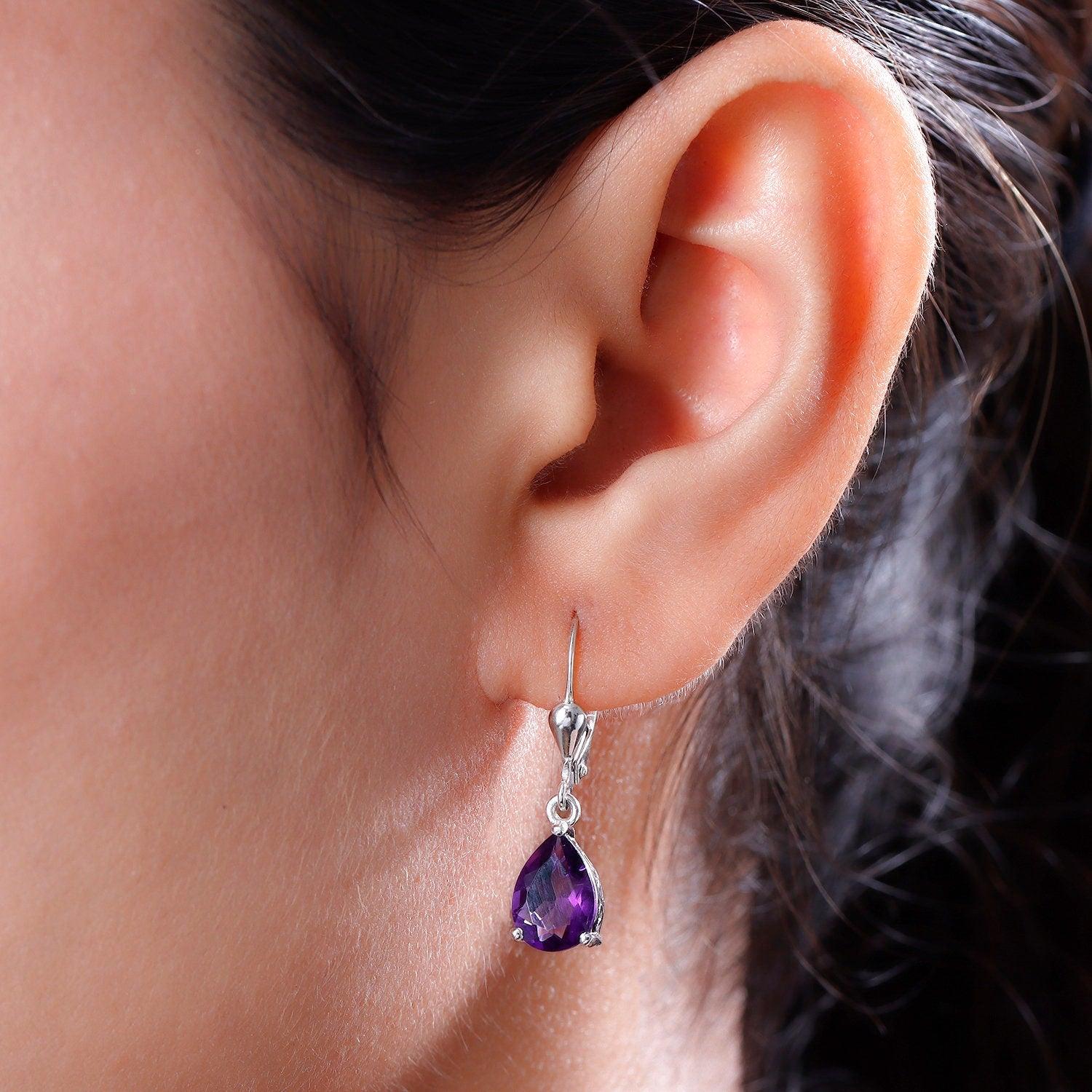 Amethyst dangle earrings , February birthstone , 925 Sterling Silver , Amethyst Lever back Earring, Teardrop Earrings by Inspiring Jewellery - Inspiring Jewellery