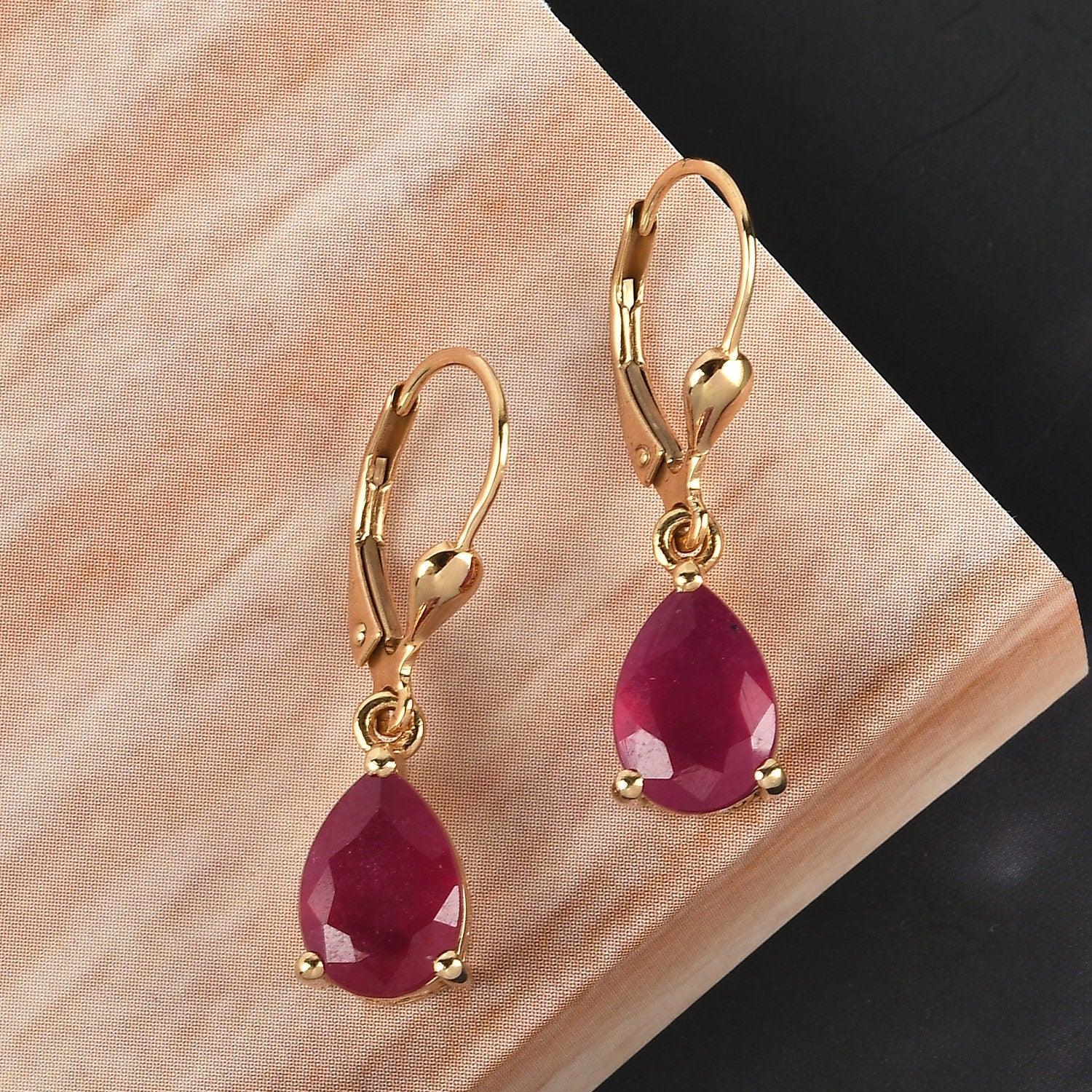 Ruby dangle earrings , 925 Sterling Silver , July birthstone , Ruby Lever back , Teardrop Earrings , Gift for her , July Birthday gift - Inspiring Jewellery