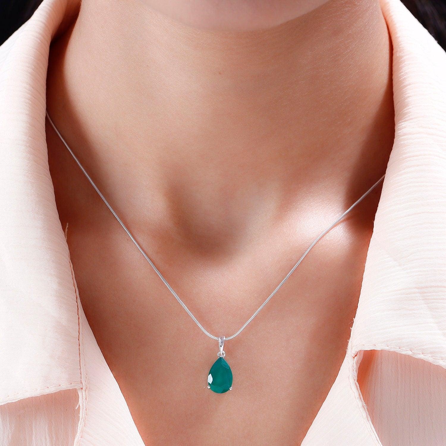 Genuine Green Onyx Pendant, Solitaire Pendant Necklace, May Birthstone Necklace, 925 Sterling Silver, Gift for her - Inspiring Jewellery