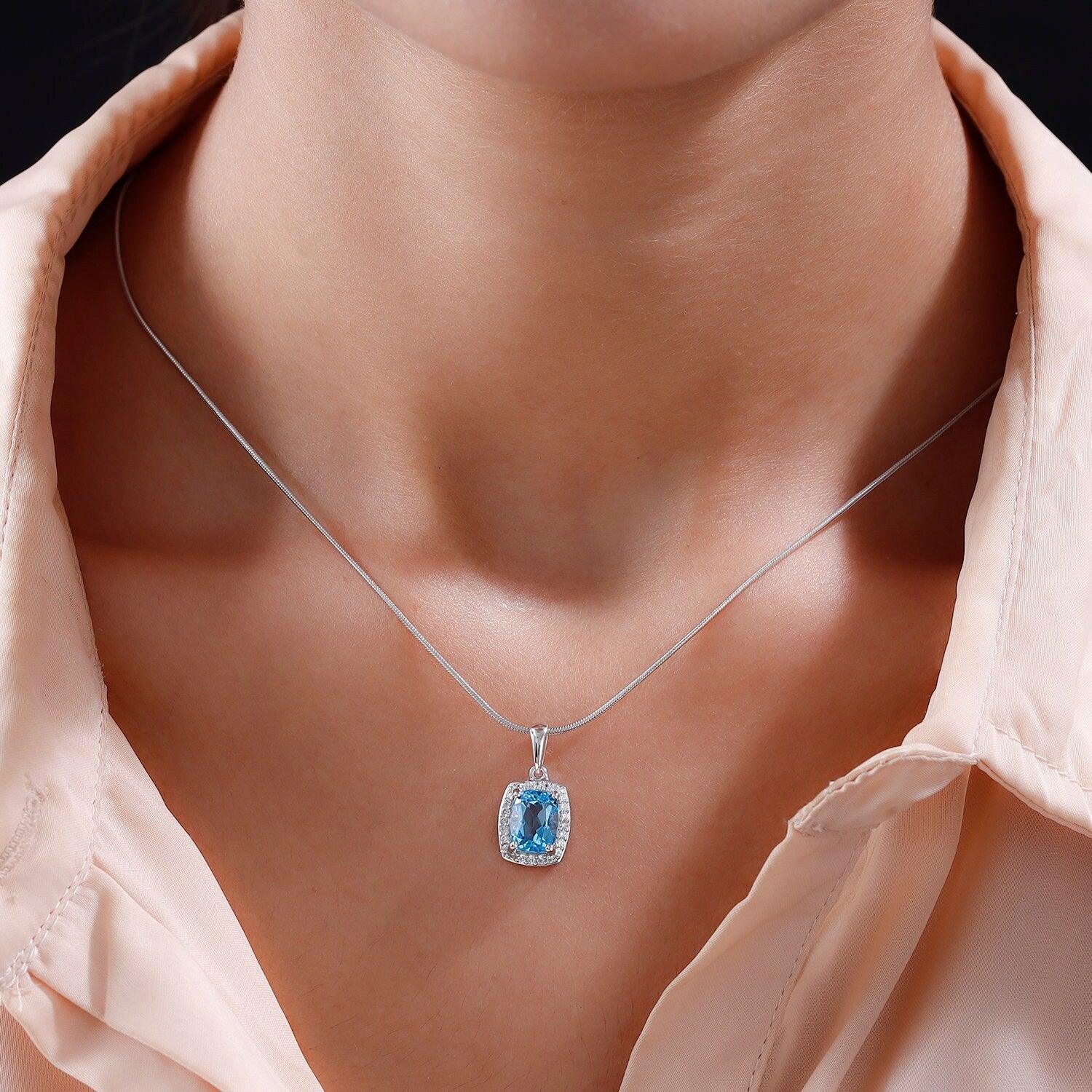 Genuine Swiss Blue Topaz Pendant, Halo Pendant, December Birthstone Necklace, 925 Sterling Silver, Gift for her - Inspiring Jewellery