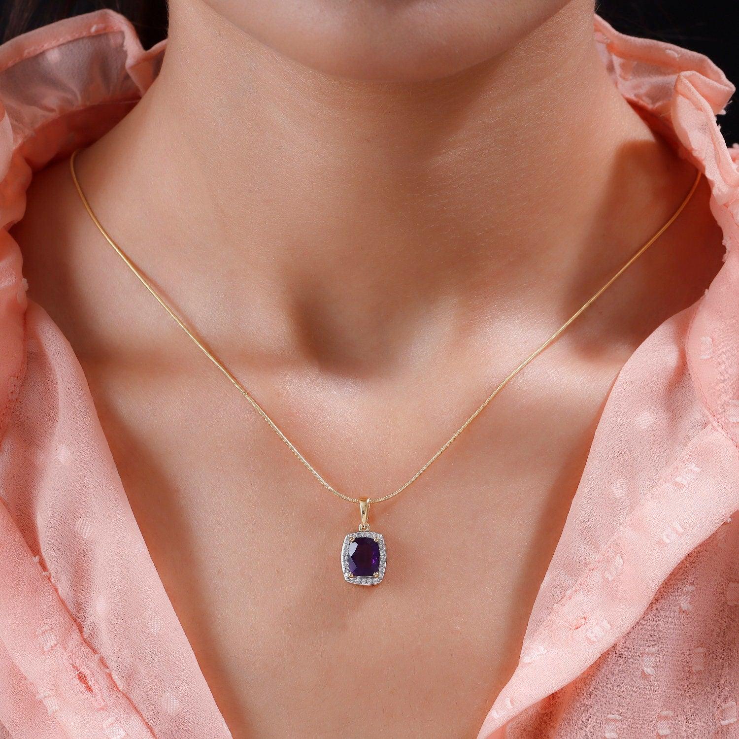Amethyst Pendant Necklace, Amethyst Halo Pendant, February Birthstone Necklace, 925 Sterling Silver, Amethyst Gold Necklace, Gift for her - Inspiring Jewellery
