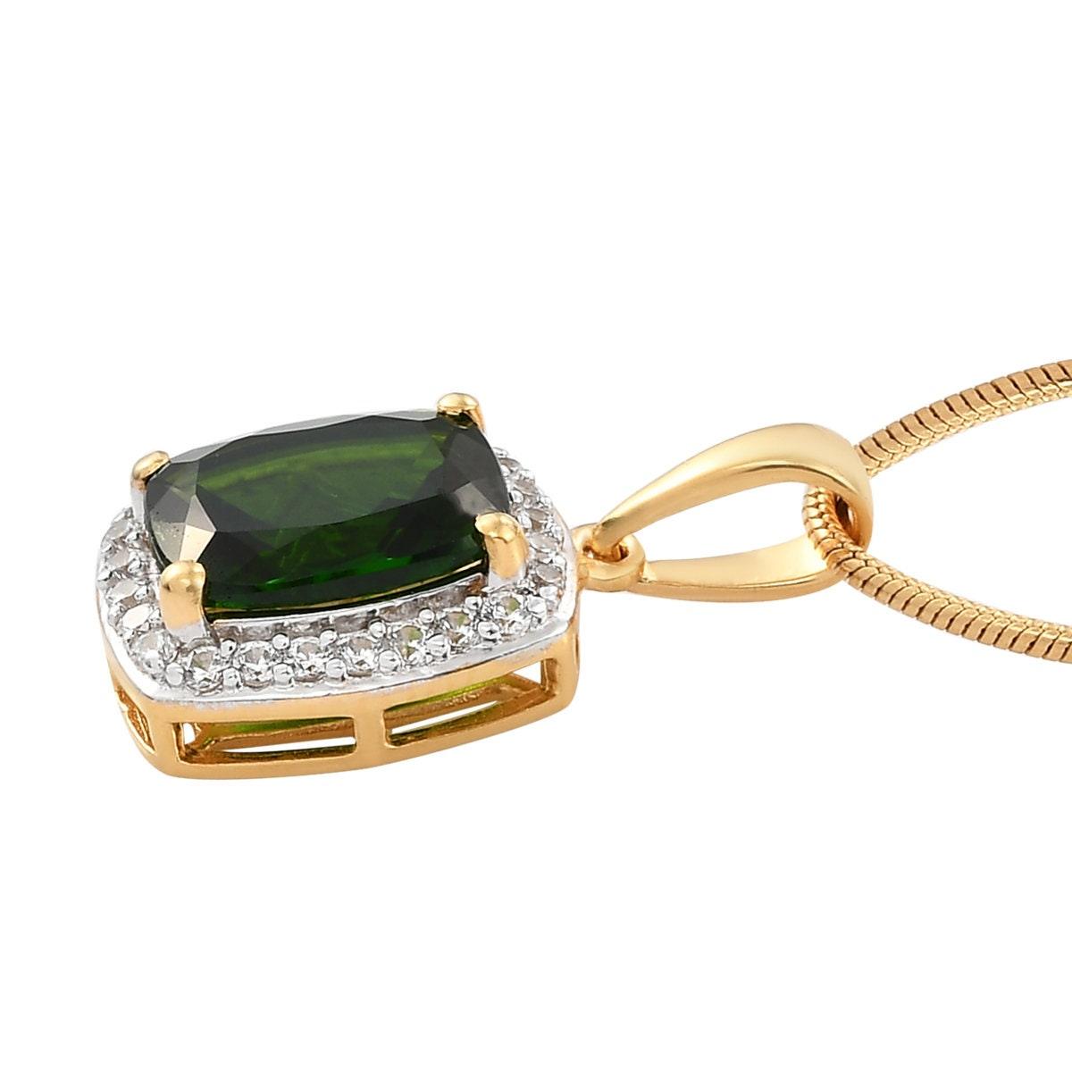 Genuine Chrome Diopside Pendant, Cushion exotic Gemstone Pendant, 925 Sterling Silver Halo Pendant, Yellow Gold, Green Gemstone - Inspiring Jewellery