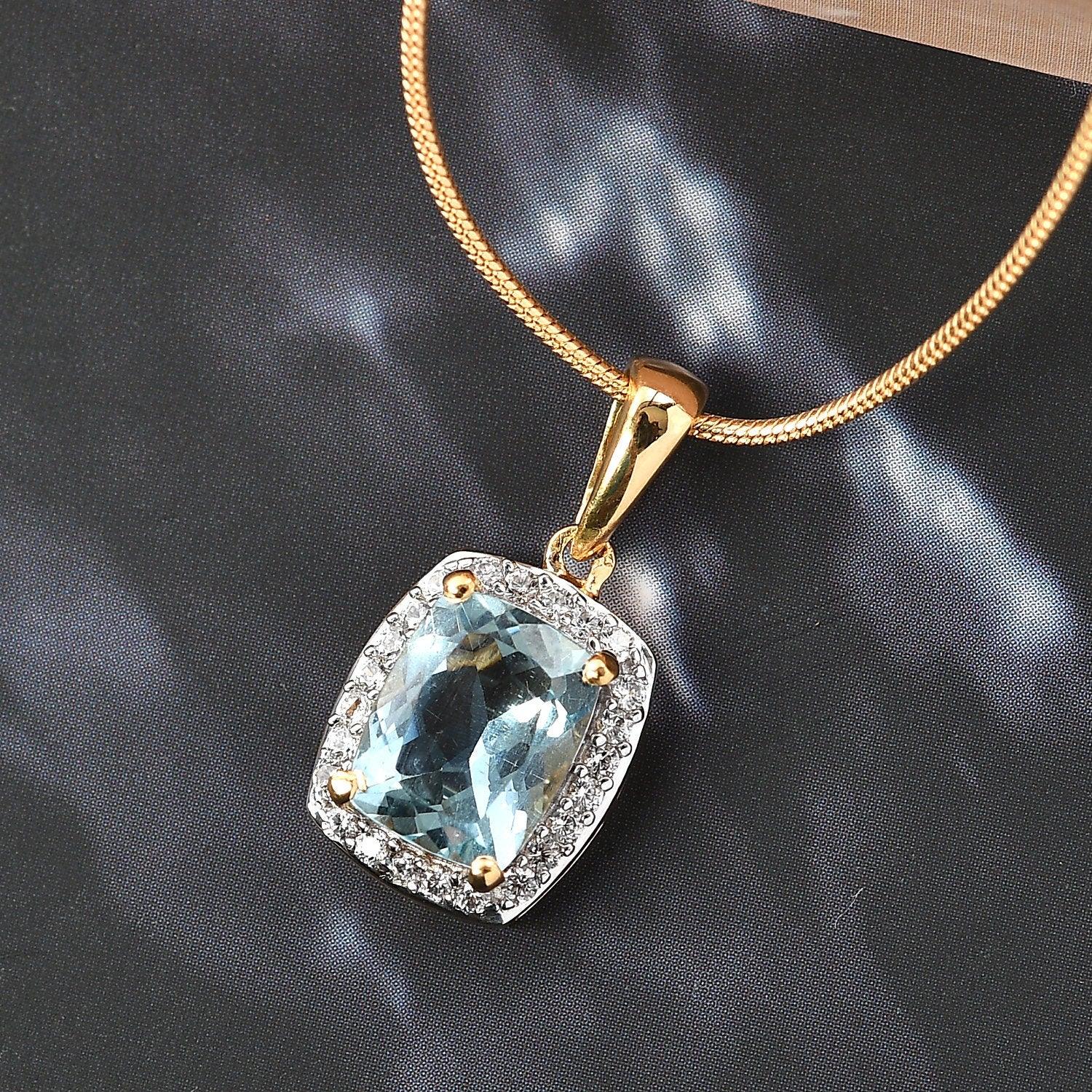 Genuine Aquamarine Halo Pendant, Cushion exotic Gemstone Necklace, 925 Sterling Silver Halo Pendant, Yellow Gold, March Birthstone - Inspiring Jewellery
