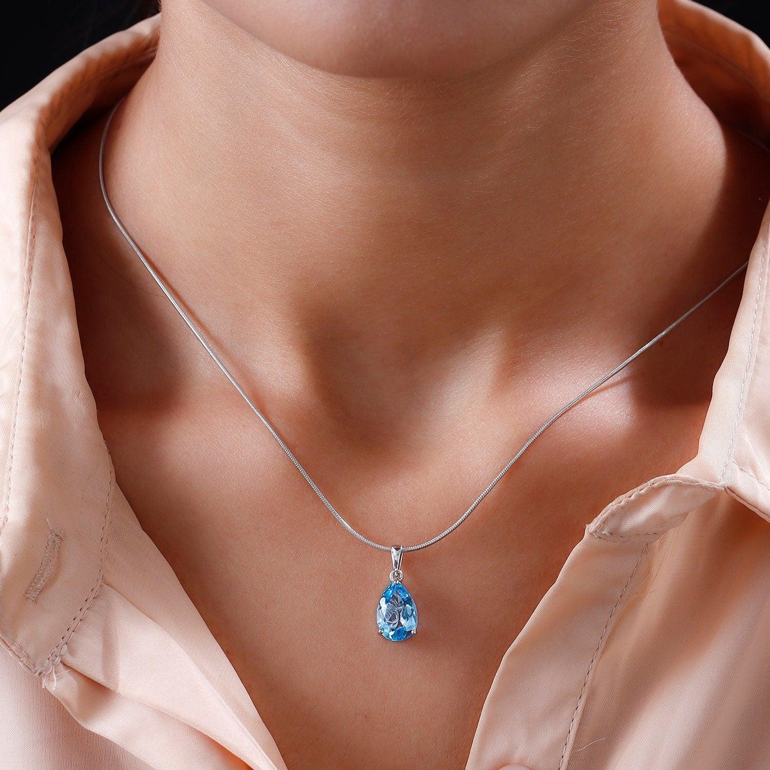 Genuine Blue Topaz Pendant, Solitaire Pendant, December Birthstone Necklace, 925 Sterling Silver, Blue Topaz Necklace, Gift for her - Inspiring Jewellery