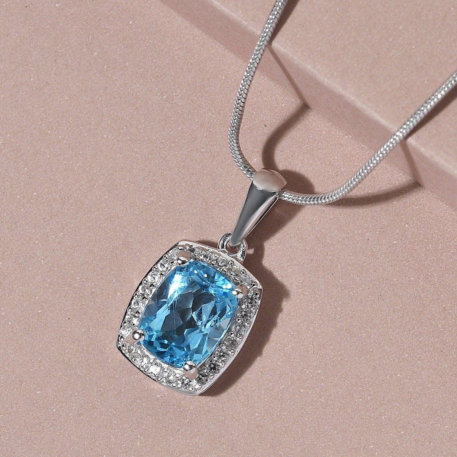 Genuine Swiss Blue Topaz Pendant, Halo Pendant, December Birthstone Necklace, 925 Sterling Silver, Gift for her - Inspiring Jewellery