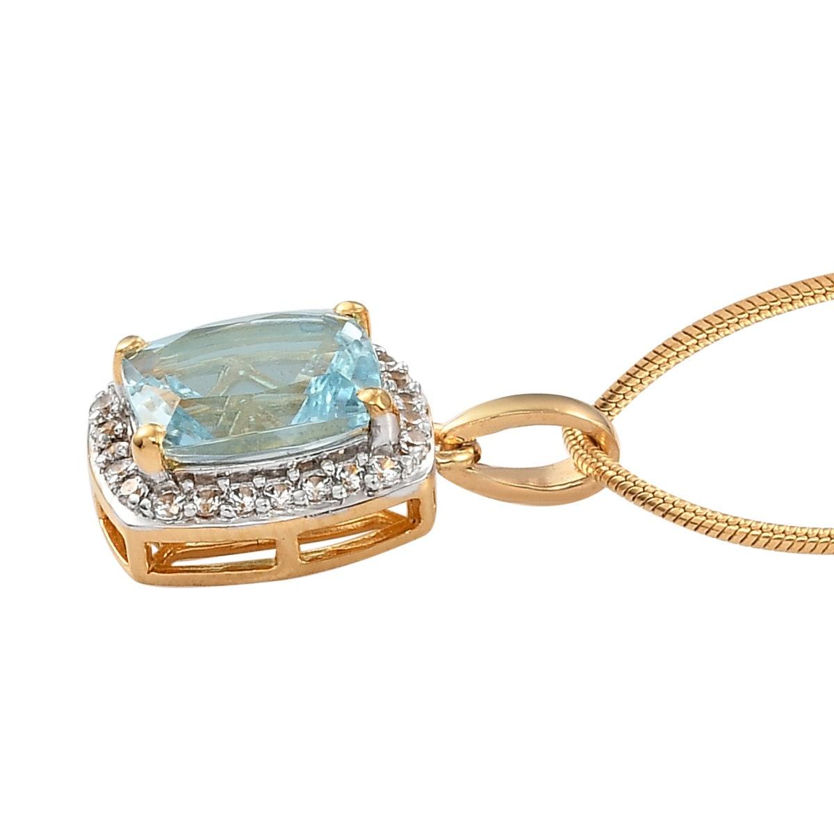 Genuine Aquamarine Halo Pendant, Cushion exotic Gemstone Necklace, 925 Sterling Silver Halo Pendant, Yellow Gold, March Birthstone - Inspiring Jewellery