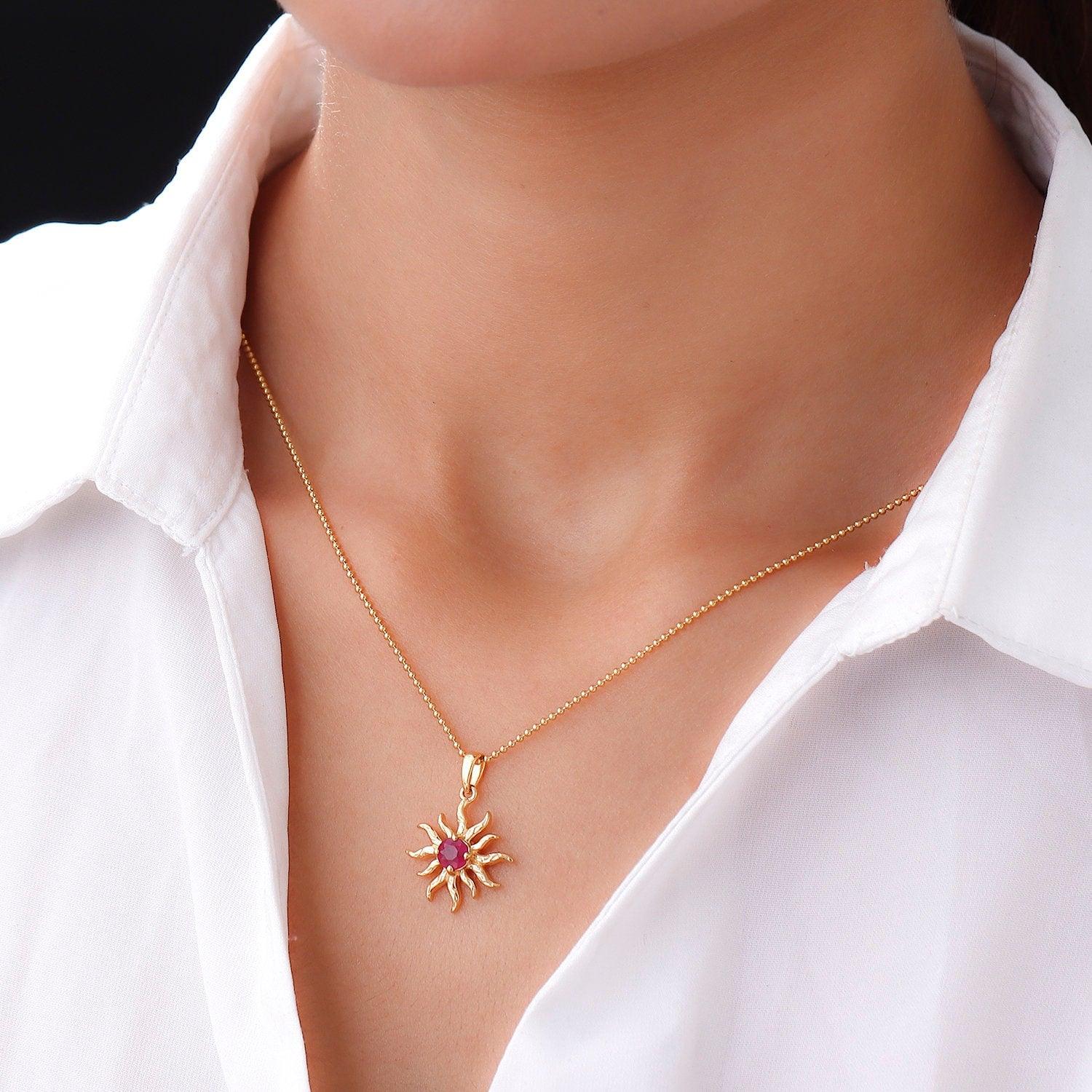 Glorious Ruby Sun Pendant Necklace Gold Plated in 925 Sterling Silver, Meaningful Jewellery - Inspiring Jewellery