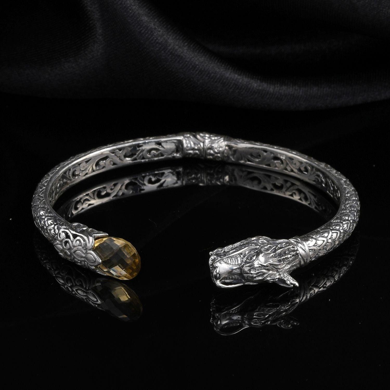 Designer DRAGON BANGLE Citrine Gemstone in Solid 925 Sterling Silver - Hinge - Inspiring Jewellery