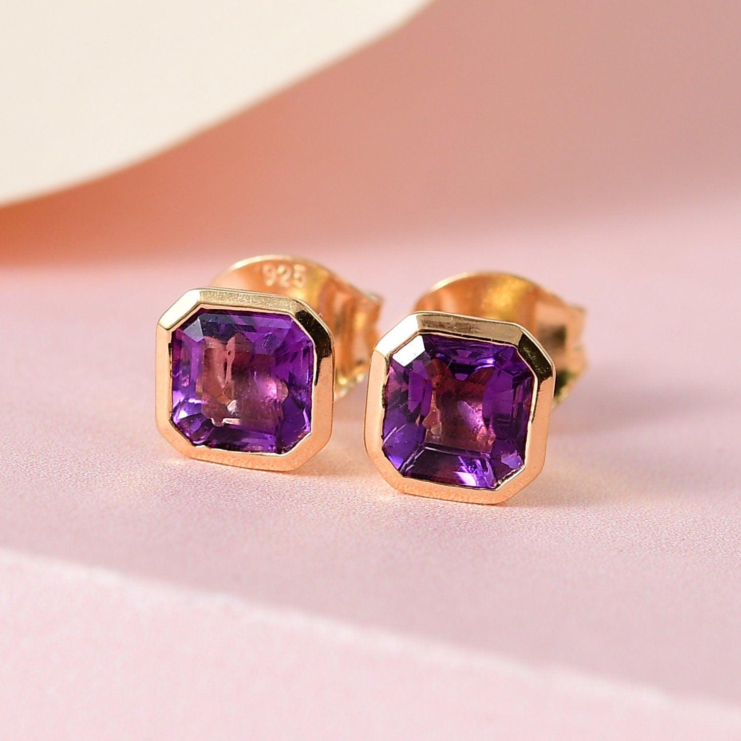 AAA Amethyst Cushion Studs earrings, 925 Sterling Silver, Bezel set Studs, 18K Gold Plated, Princess Studs by Inspiring Jewellery - Inspiring Jewellery