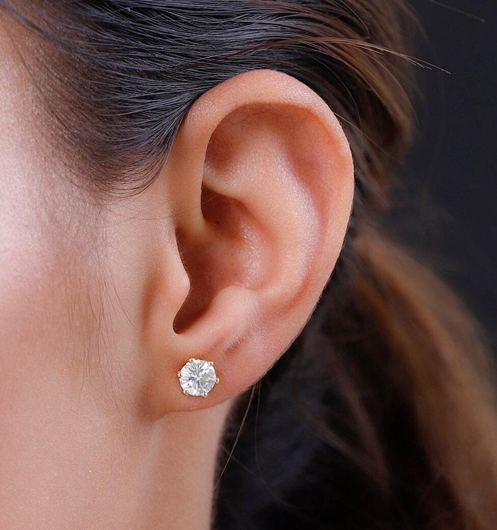 1.5 Ct Moissanite Stud Earrings, 925 Sterling Silver Yellow Gold Vermeil, Wedding Earrings, Push Back Earring, 6mm Solitaire Earrings - Inspiring Jewellery