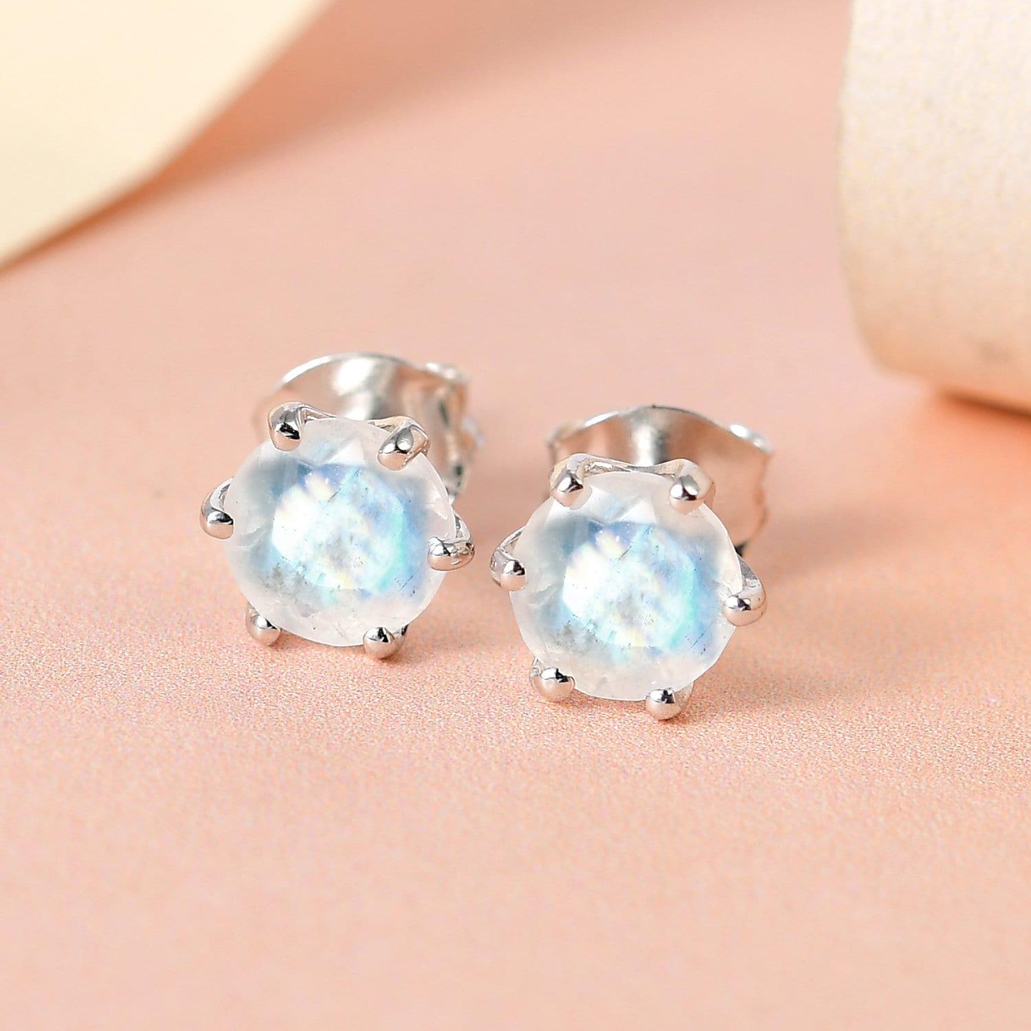 AA Rainbow Moonstone Round Studs earrings, 925 Sterling Silver, 6 Prong Stud, Platinum Plated, Solitaire Round Studs by Inspiring Jewellery - Inspiring Jewellery