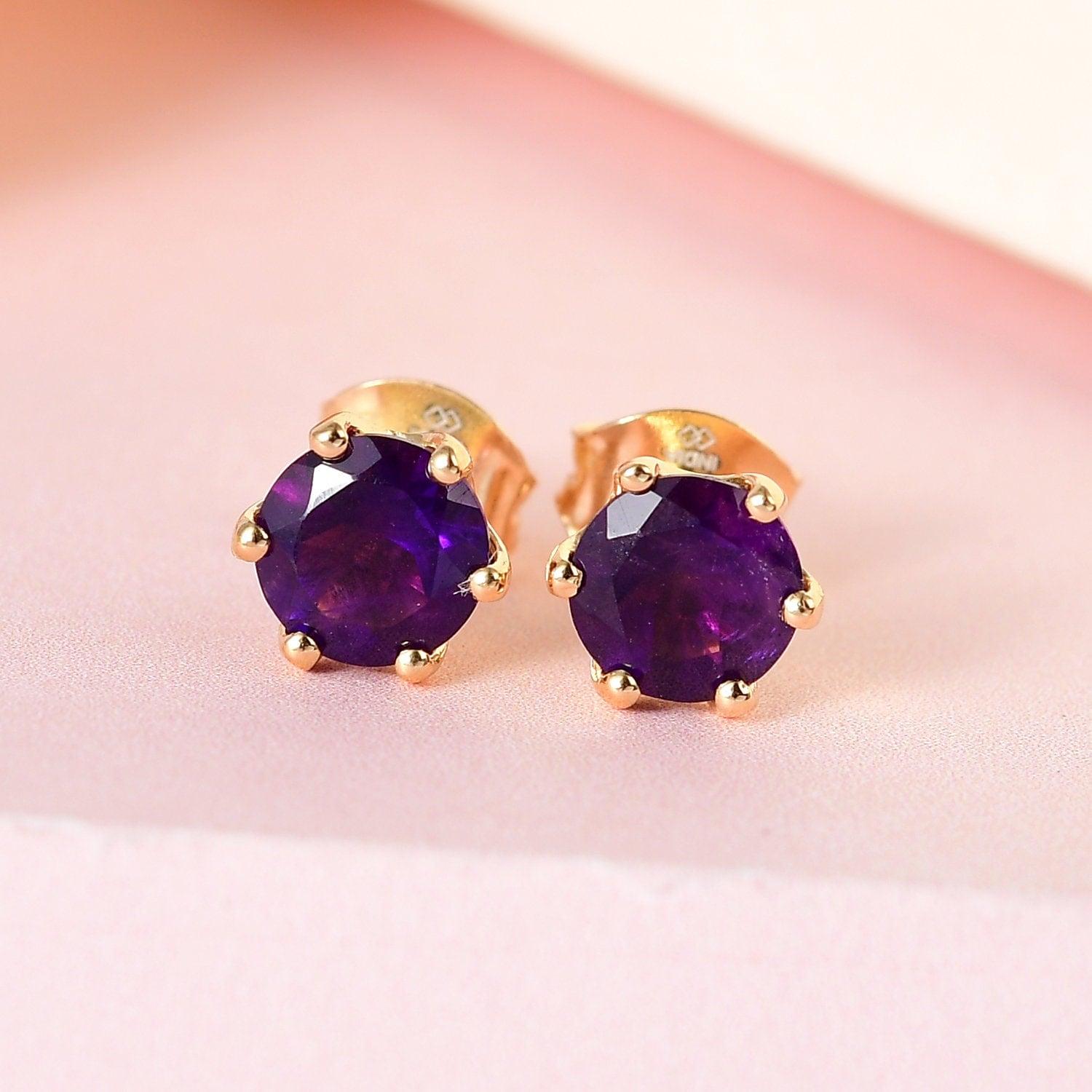 AAA Amethyst Round Studs earrings, 925 Sterling Silver, 6 Prong Stud, 18K Gold Plated, Round Studs by Inspiring Jewellery - Inspiring Jewellery