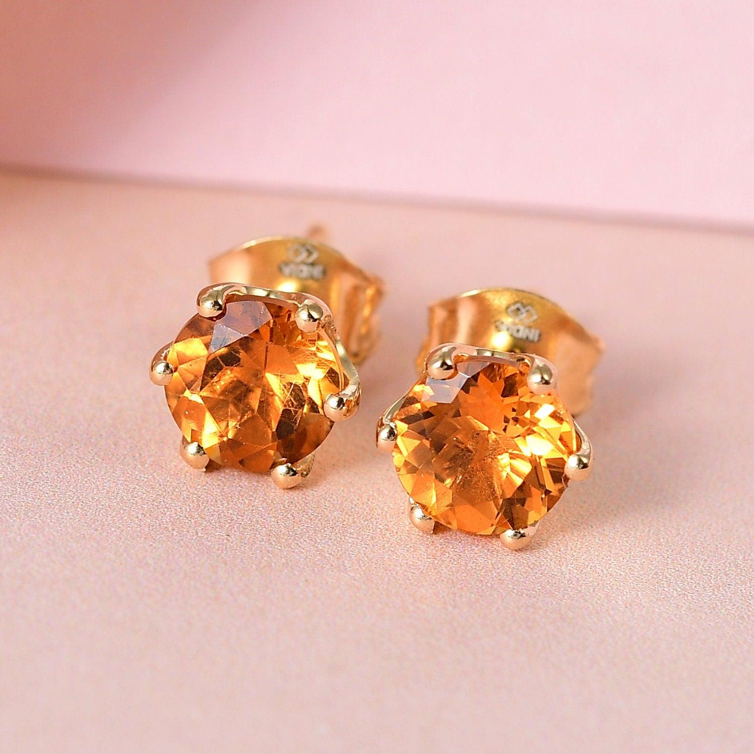 AAA Citrine Round Studs earrings, 925 Sterling Silver Solitaire Stud , Yellow Gold, Six Prong Studs by Inspiring Jewellery - Inspiring Jewellery