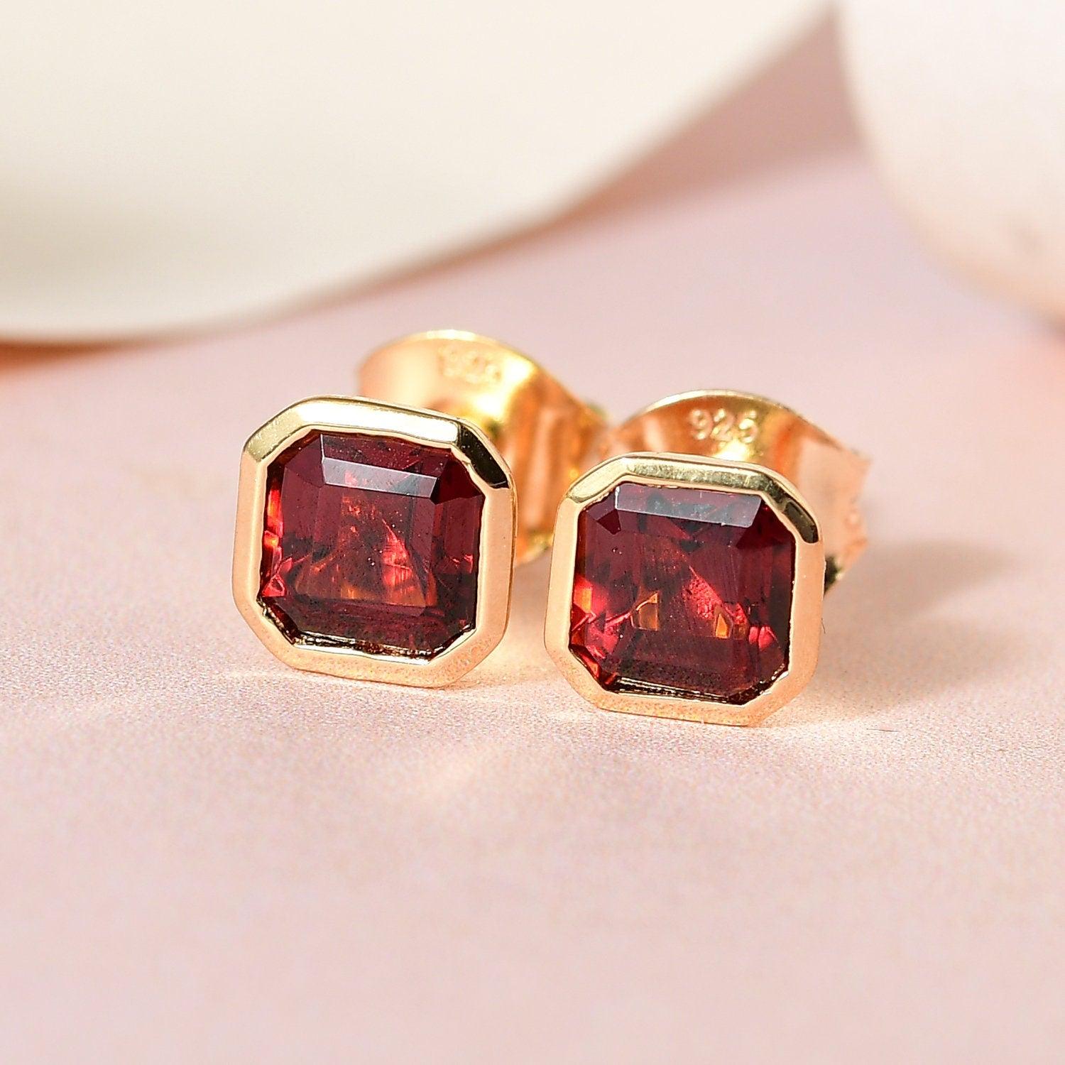 Red Garnet Studs, Cushion Gemstone earrings, 925 Sterling Silver Stud, Yellow Gold, January Birthstone By Inspiring Jewellery - Inspiring Jewellery